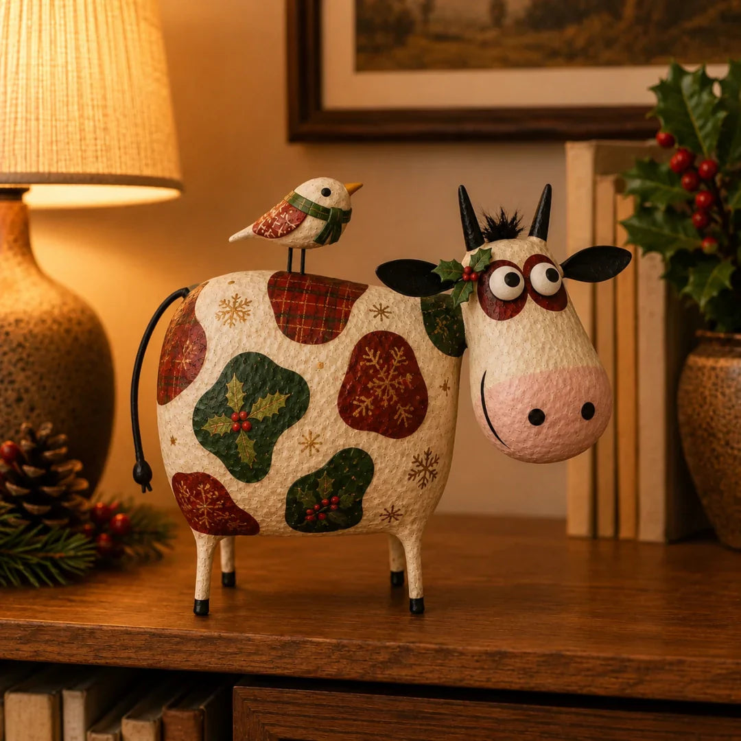 🐮 Whimsical Cow & Bird Folk Art Figurine – Charming Handmade-Inspired Decor for Your Home & Garden ✨