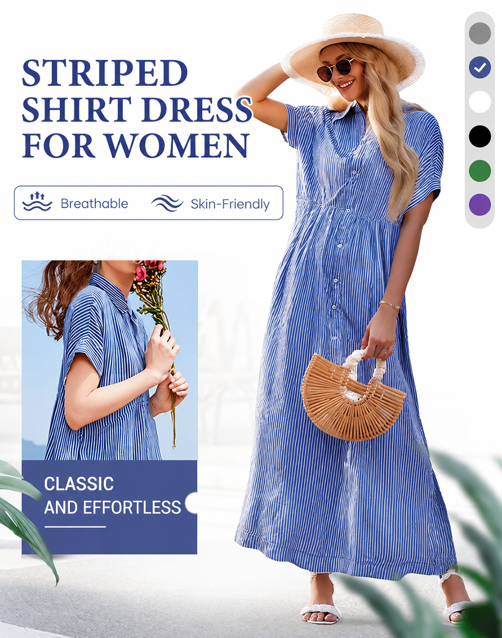 🎉 (Sizes S–4XL Available) 🛍️ New Summer Collection 👗 Women's Linen Striped Shirt Dress with Button Front & Convenient Pockets ⭐