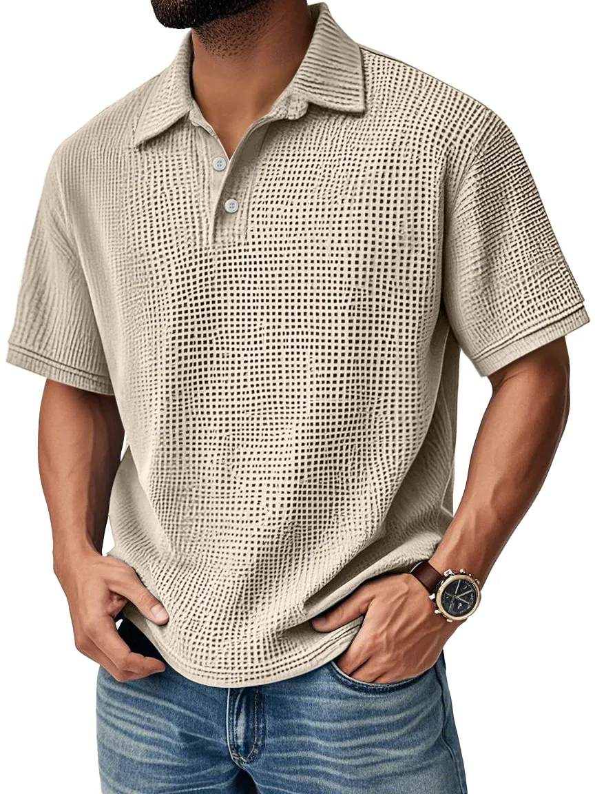 Men's Textured Grid-Pattern Short-Sleeve Polo Shirt