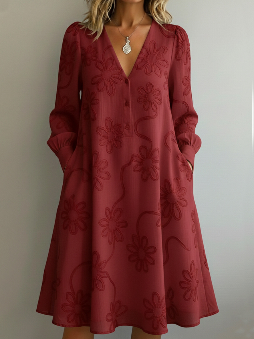 👗Women's V-neck retro floral long-sleeved dress, Hides belly and flatters your figure