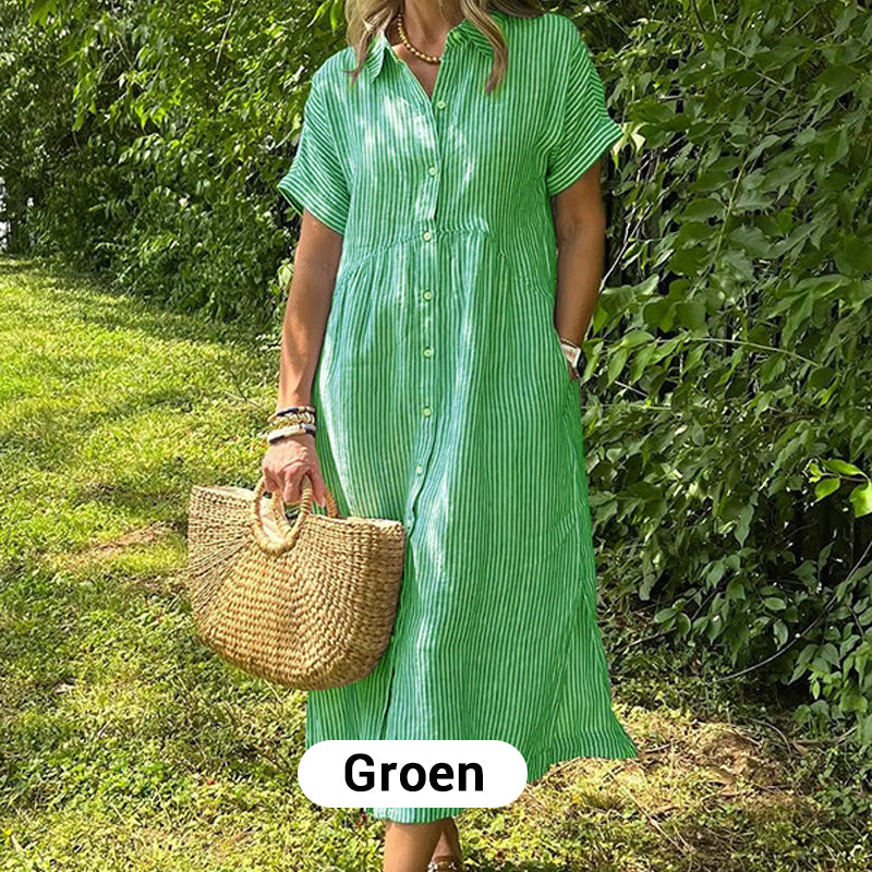 🎉 (Maat: S-4XL) 🛍️Nieuwe exclusieve zomerkleding 👗 Gestreepte revers-overhemdjurk met knopen | Met functionele zakken