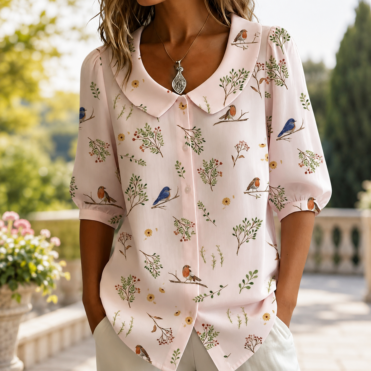 Favorite Blouse with Round Collar and Playful Patterns
