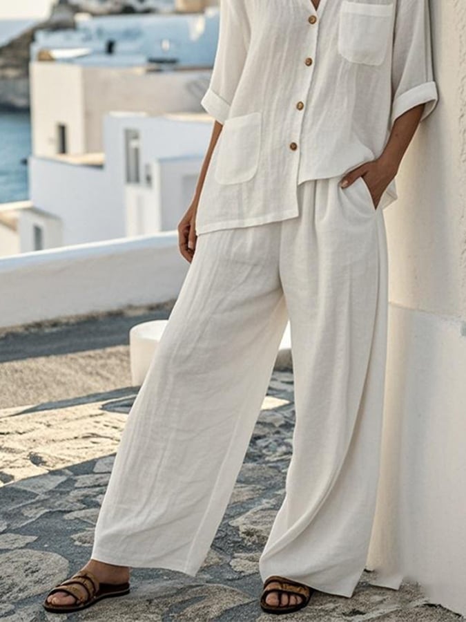 Women'S Solid Color V-Neck Button Cotton And Linen Two-Piece Set