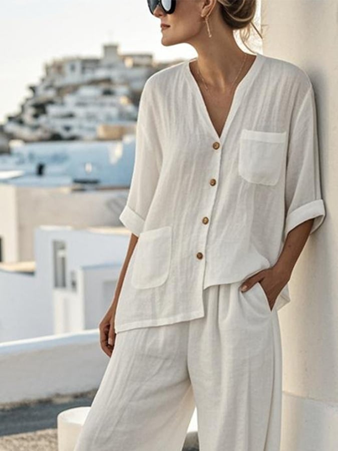 Women'S Solid Color V-Neck Button Cotton And Linen Two-Piece Set