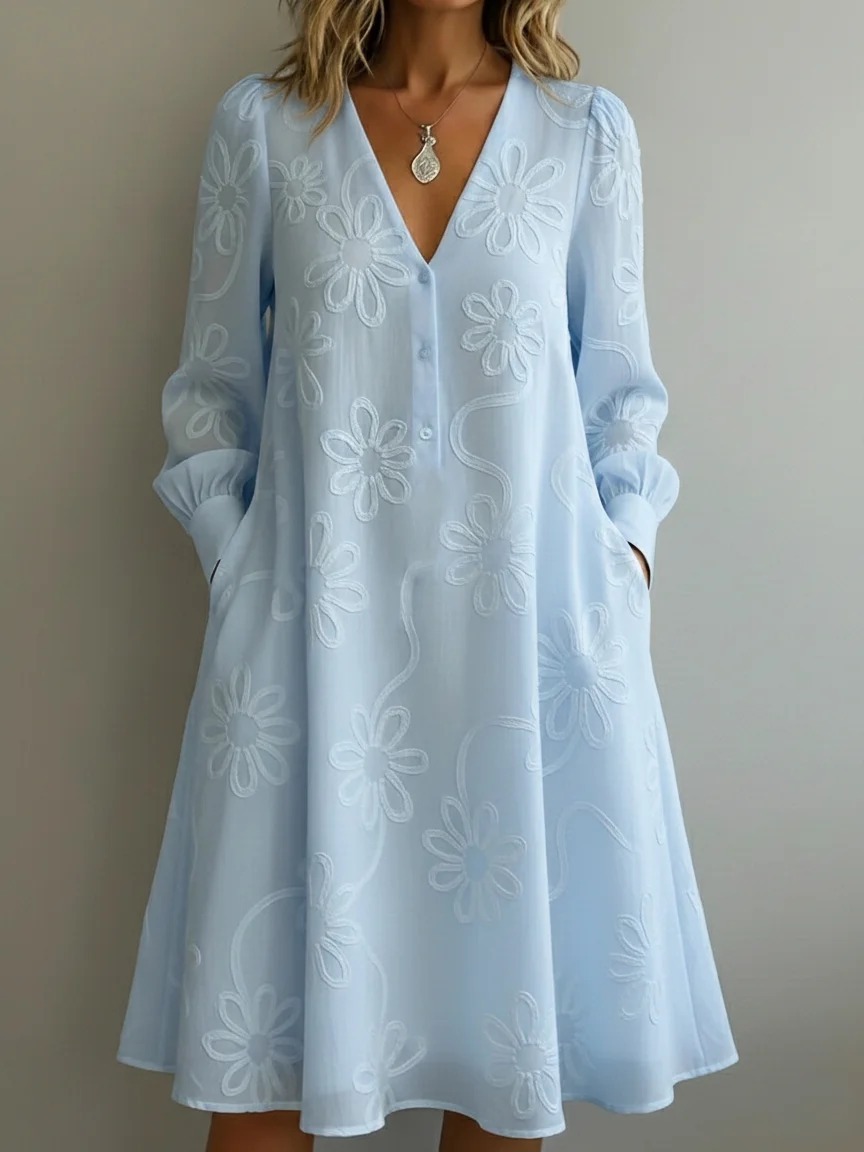 👗Women's V-neck retro floral long-sleeved dress, Hides belly and flatters your figure