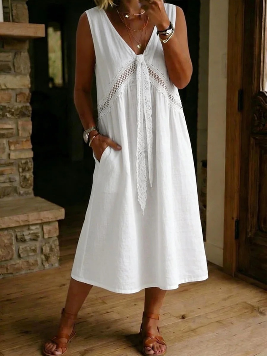 🔥👗Women's Casual Loose-fitting Patchwork Lace Trim Linen And Cotton Dress