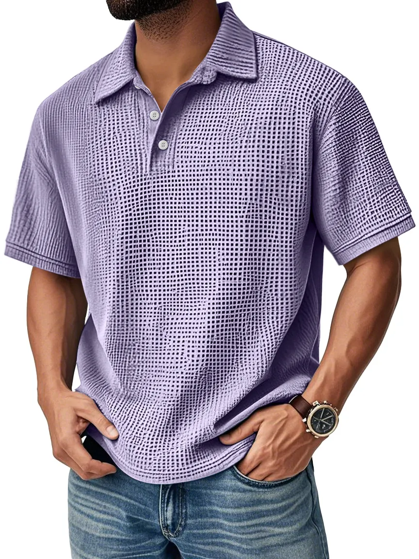 Men's Textured Grid-Pattern Short-Sleeve Polo Shirt