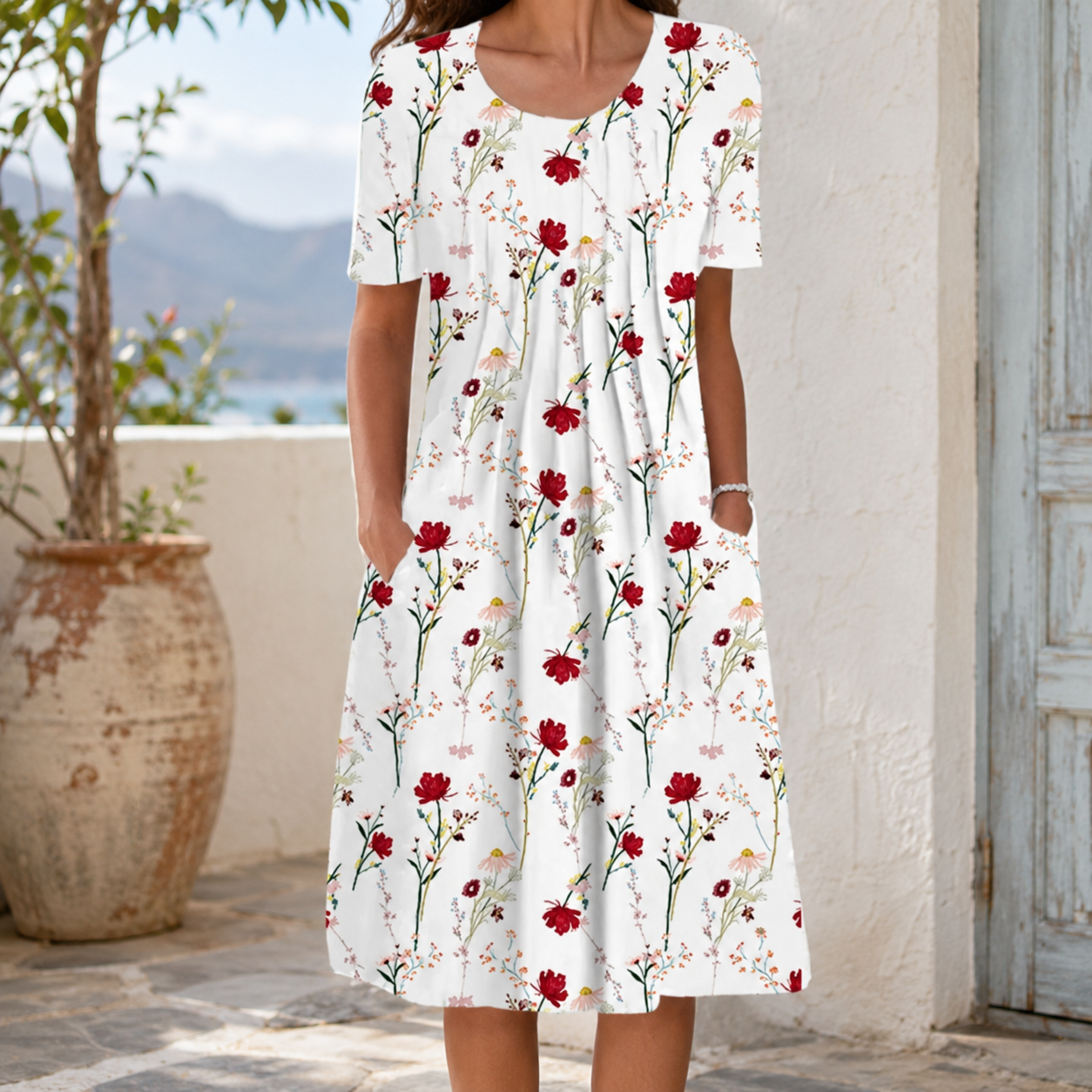 🌸 Luftiges Damenkleid mit floralen Designs und praktischen Taschen