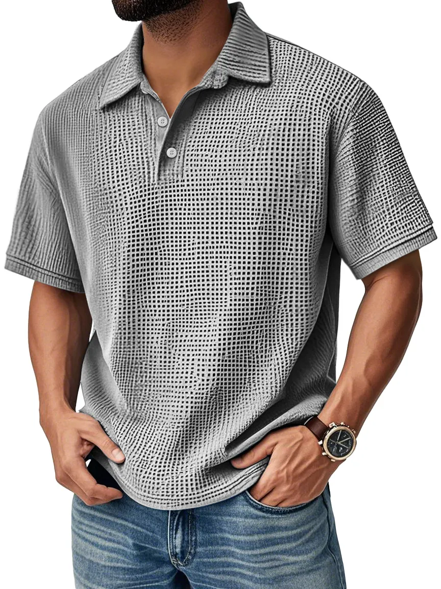 Men's Textured Grid-Pattern Short-Sleeve Polo Shirt