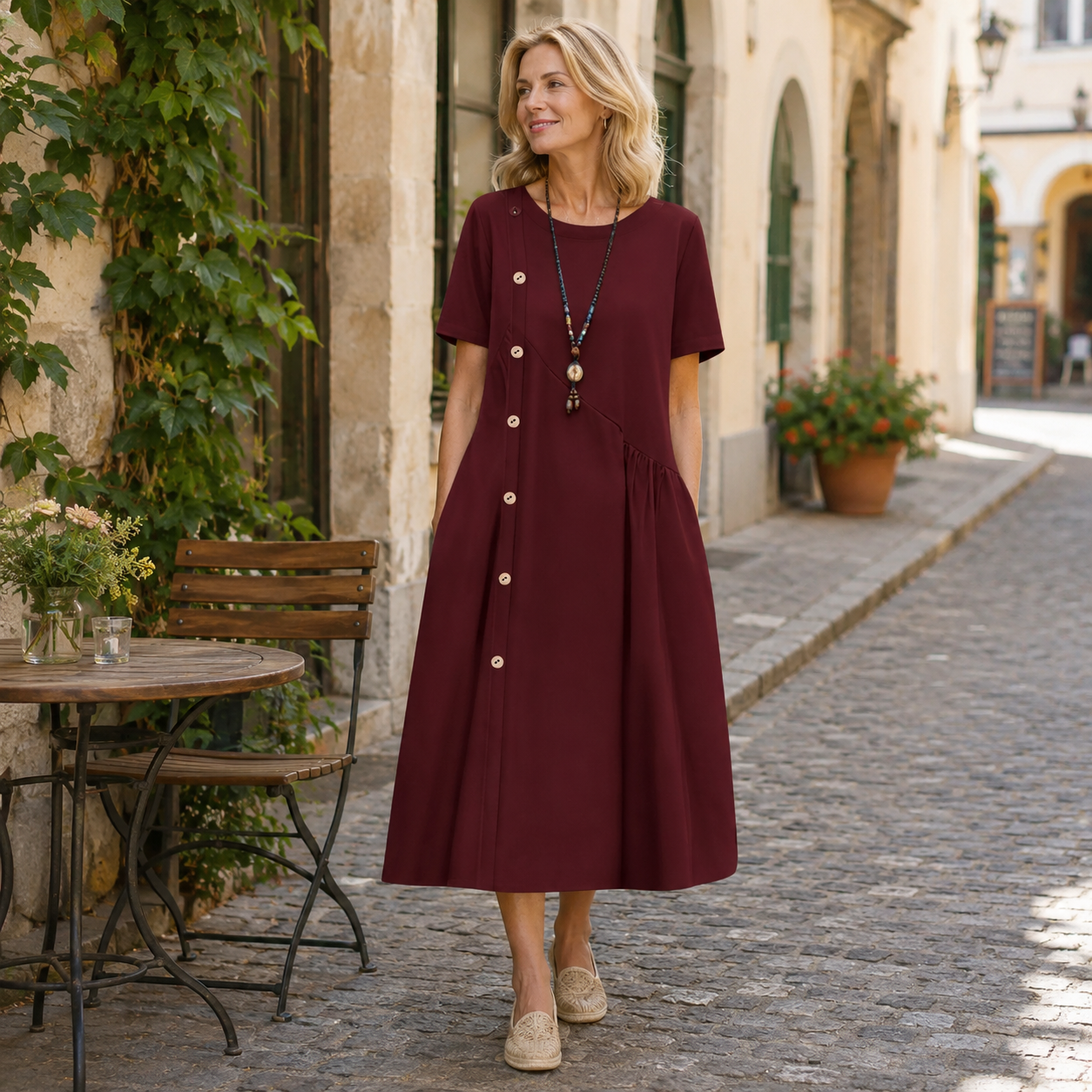 🌿 Luftiges A-Linien-Kleid mit Zierknöpfen, Seitentaschen & asymmetrischer Raffnung – bequem, feminin ✨