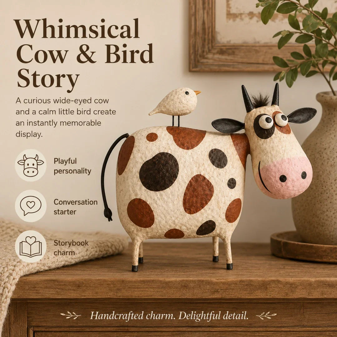 🐮 Whimsical Cow & Bird Folk Art Figurine – Charming Handmade-Inspired Decor for Your Home & Garden ✨