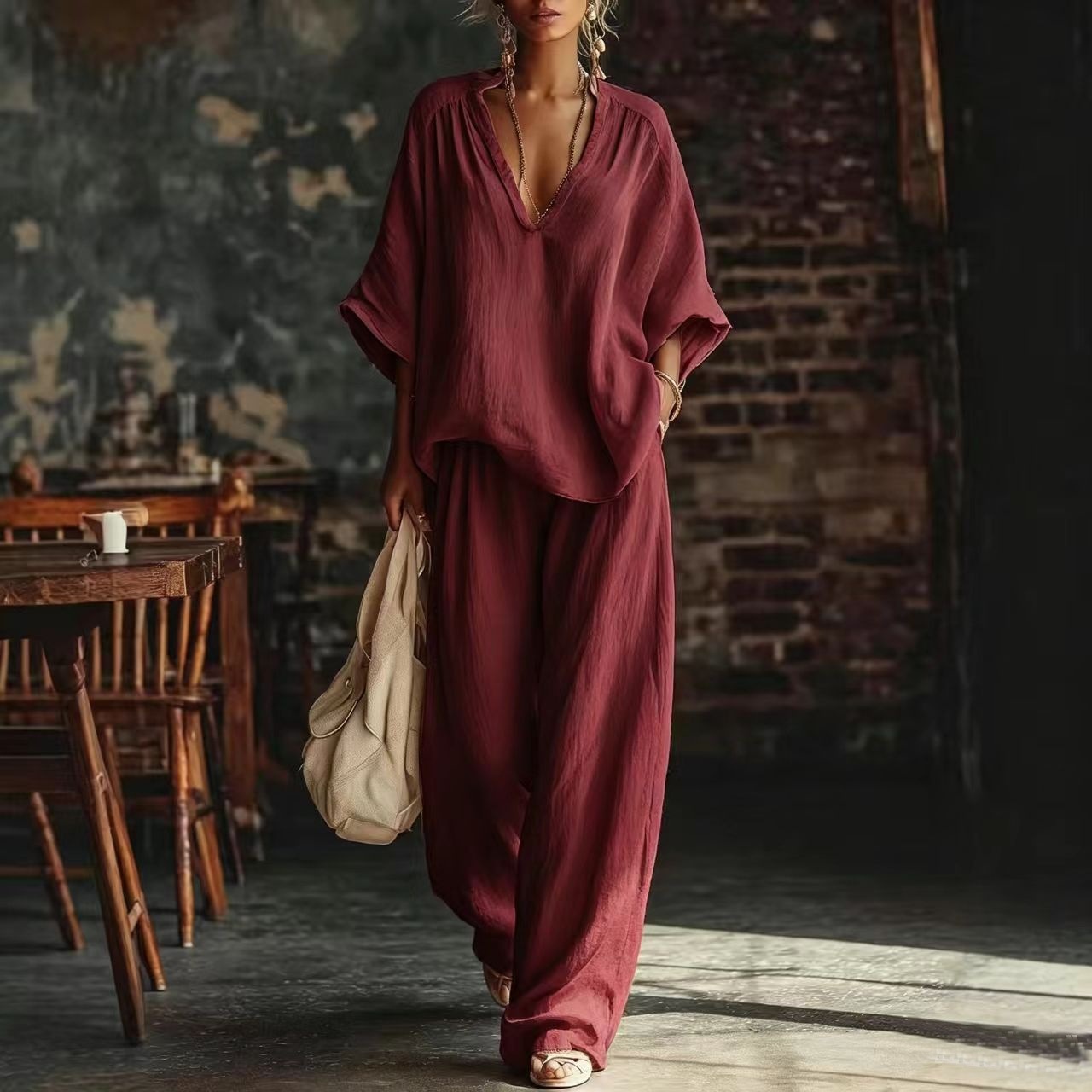 Women's Retro Loose Short-Sleeved Casual Pants Two-Piece Set