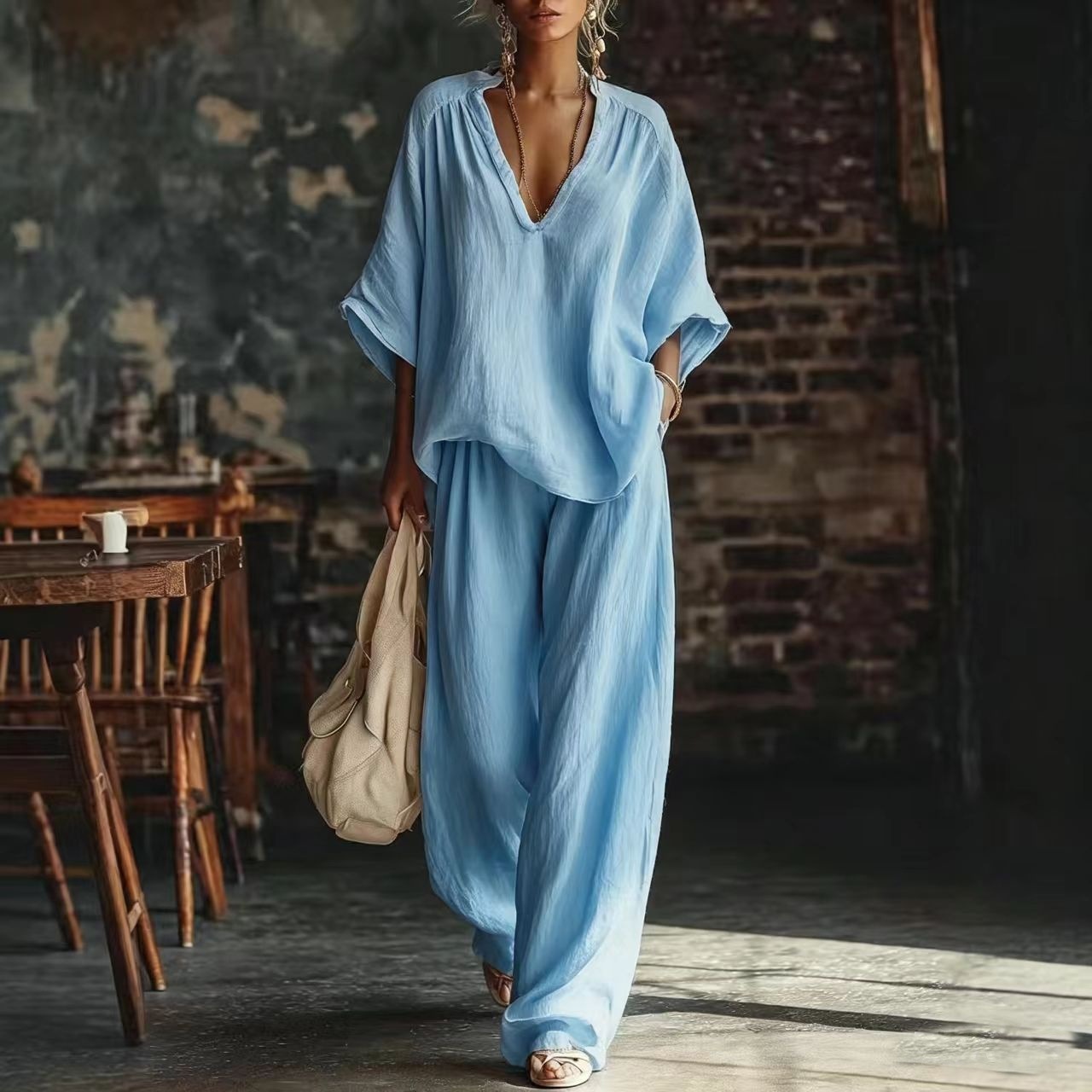 Women's Retro Loose Short-Sleeved Casual Pants Two-Piece Set
