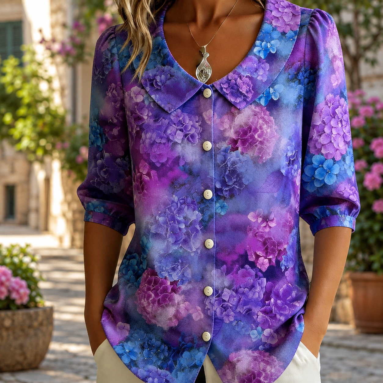 Favorite Blouse with Round Collar and Playful Patterns