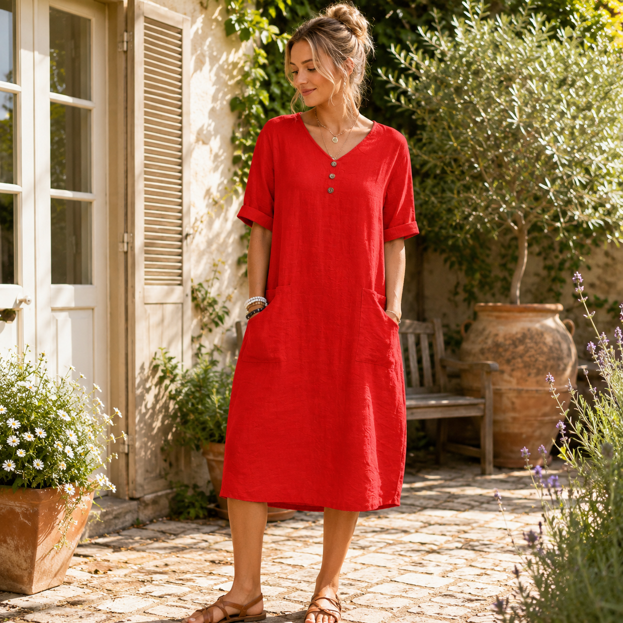 Airy Midi Dress with V-Neck and Pockets - Comfortable, Feminine and Versatile