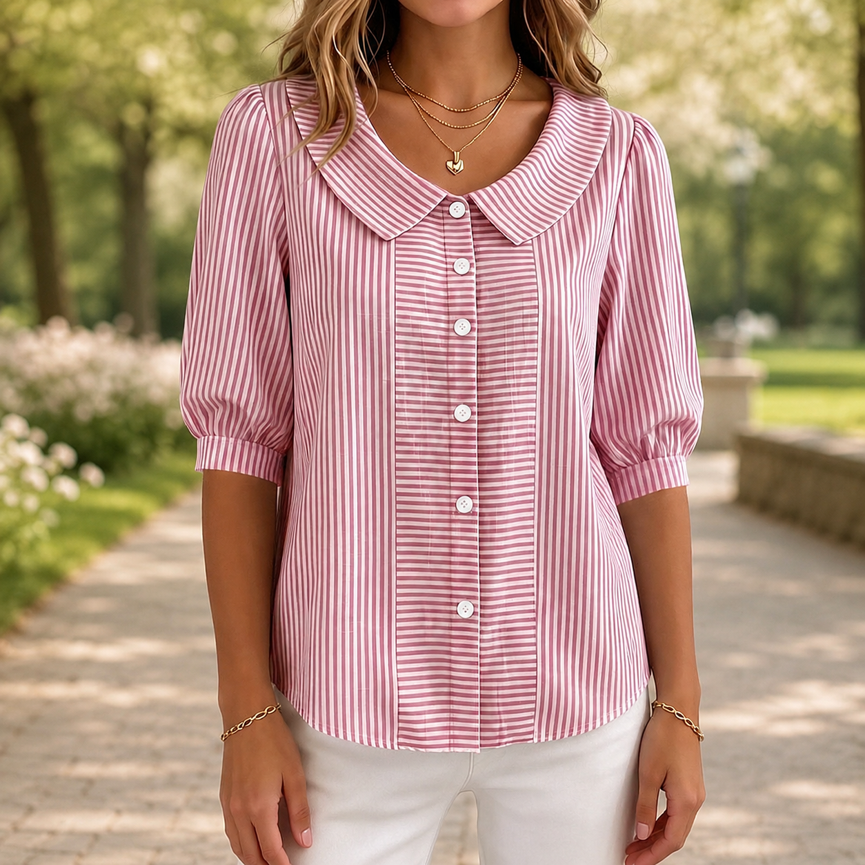 🌸 Streifenliebe mit Charme – Feminine Bluse mit Bubikragen, Puffärmeln und lockerer Passform ✨