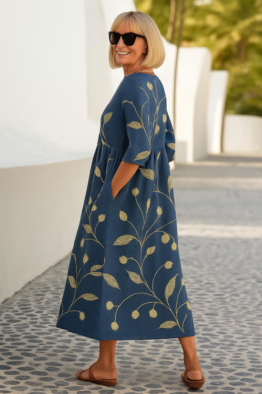 Elegant flowy mid-length floral linen dress