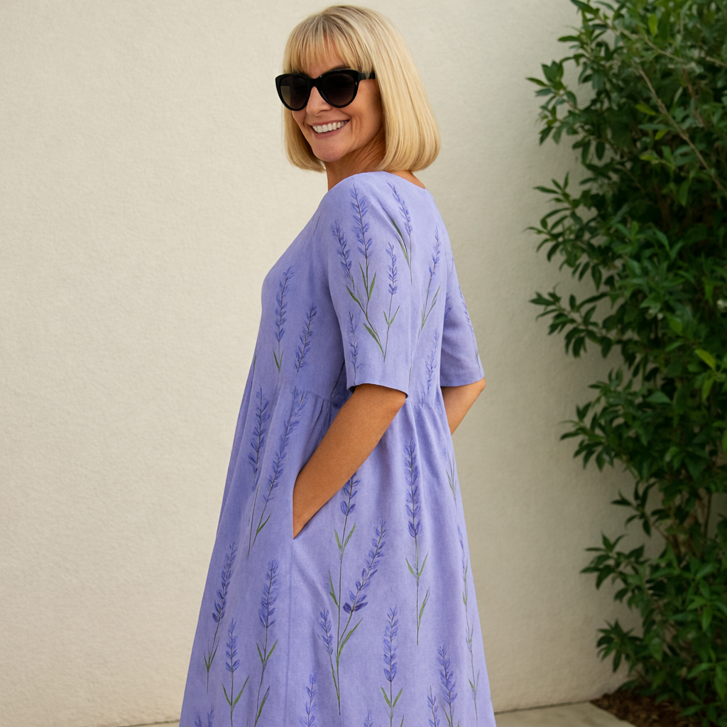 Elegant flowy mid-length floral linen dress