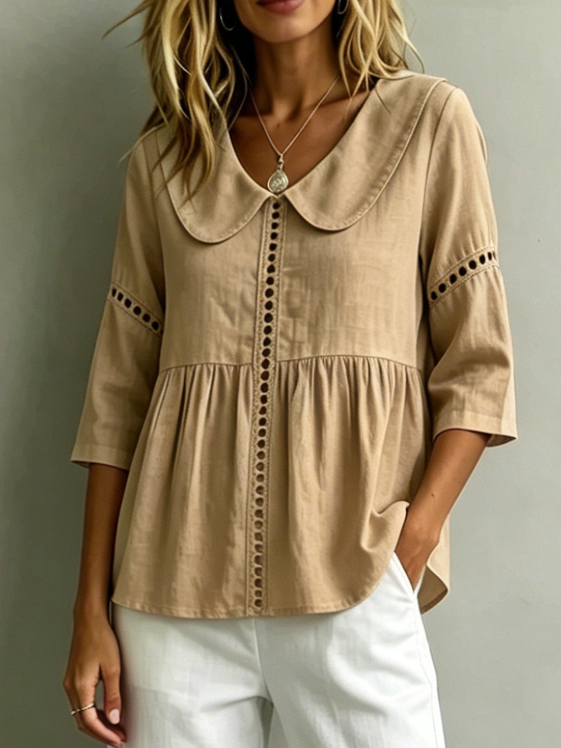 Peter Pan collar vintage hollow lace cotton and linen shirt
