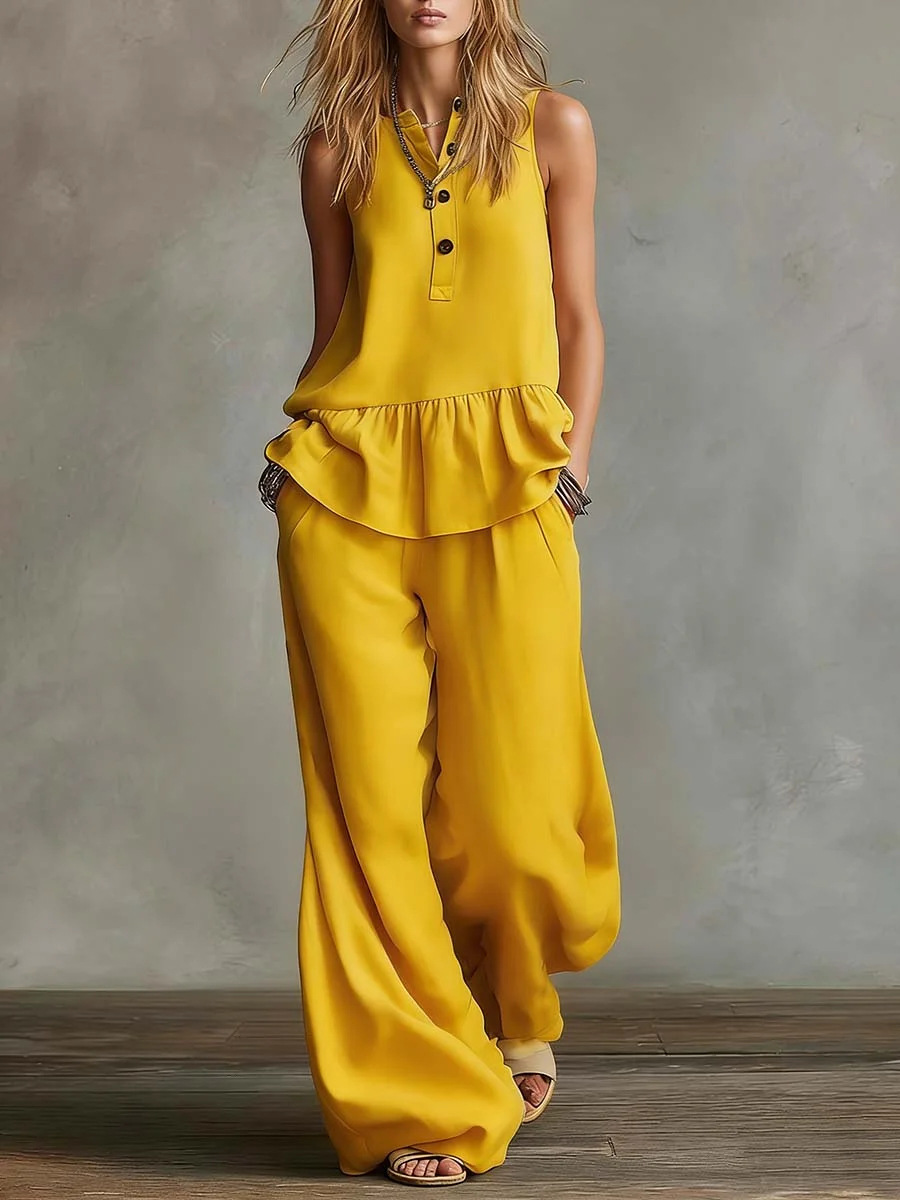 Women's Sleeveless Ruffle Hem Two-Piece Lounge Set – Casual Loose Fit Tank Top & Wide Leg Pants