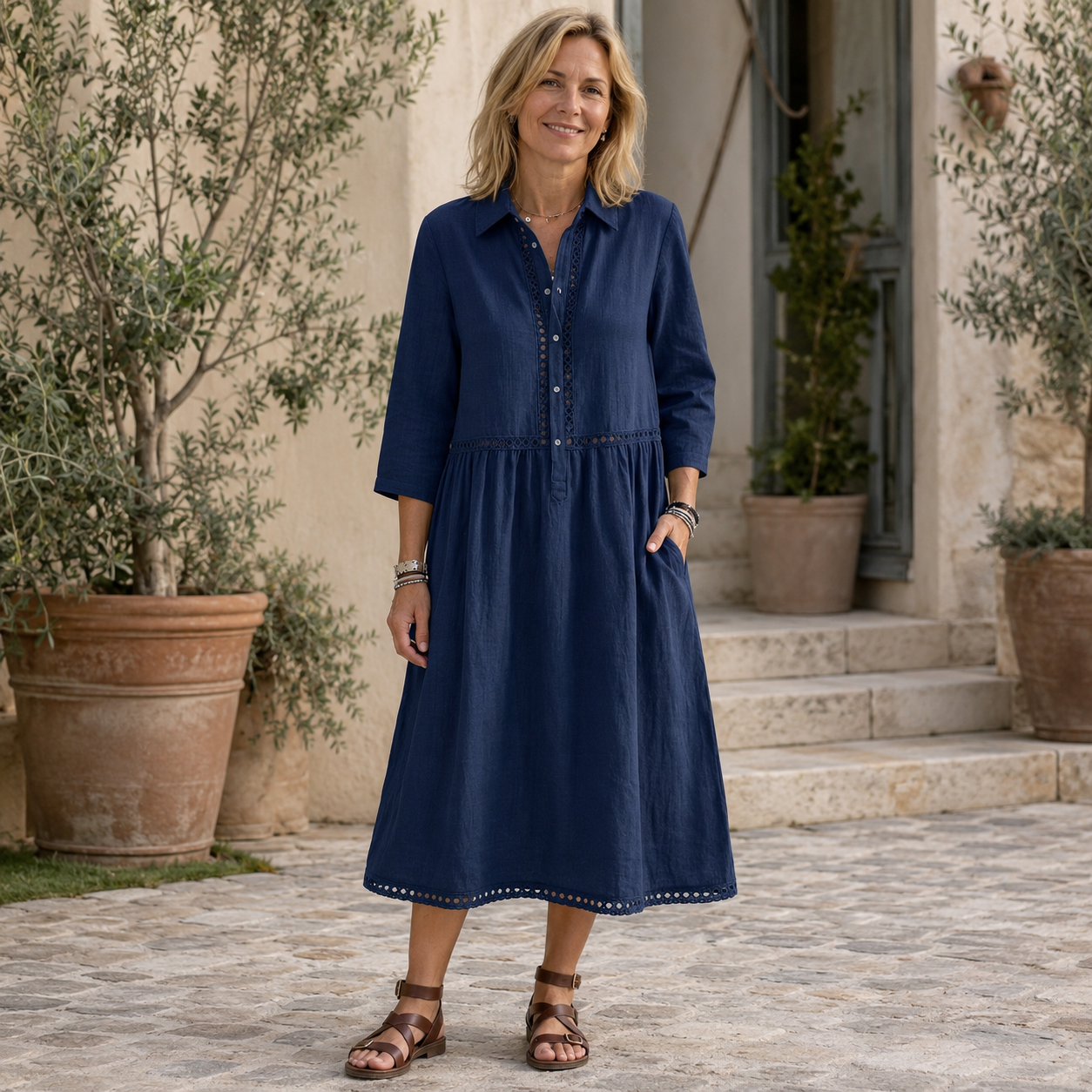 🌿 Luftiges Hemdblusenkleid mit Spitzendetails – bequem, feminin und zeitlos elegant