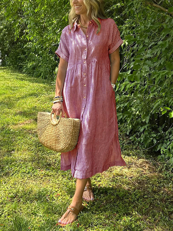 🎉 (Maat: S-4XL) 🛍️Nieuwe exclusieve zomerkleding 👗 Gestreepte revers-overhemdjurk met knopen | Met functionele zakken
