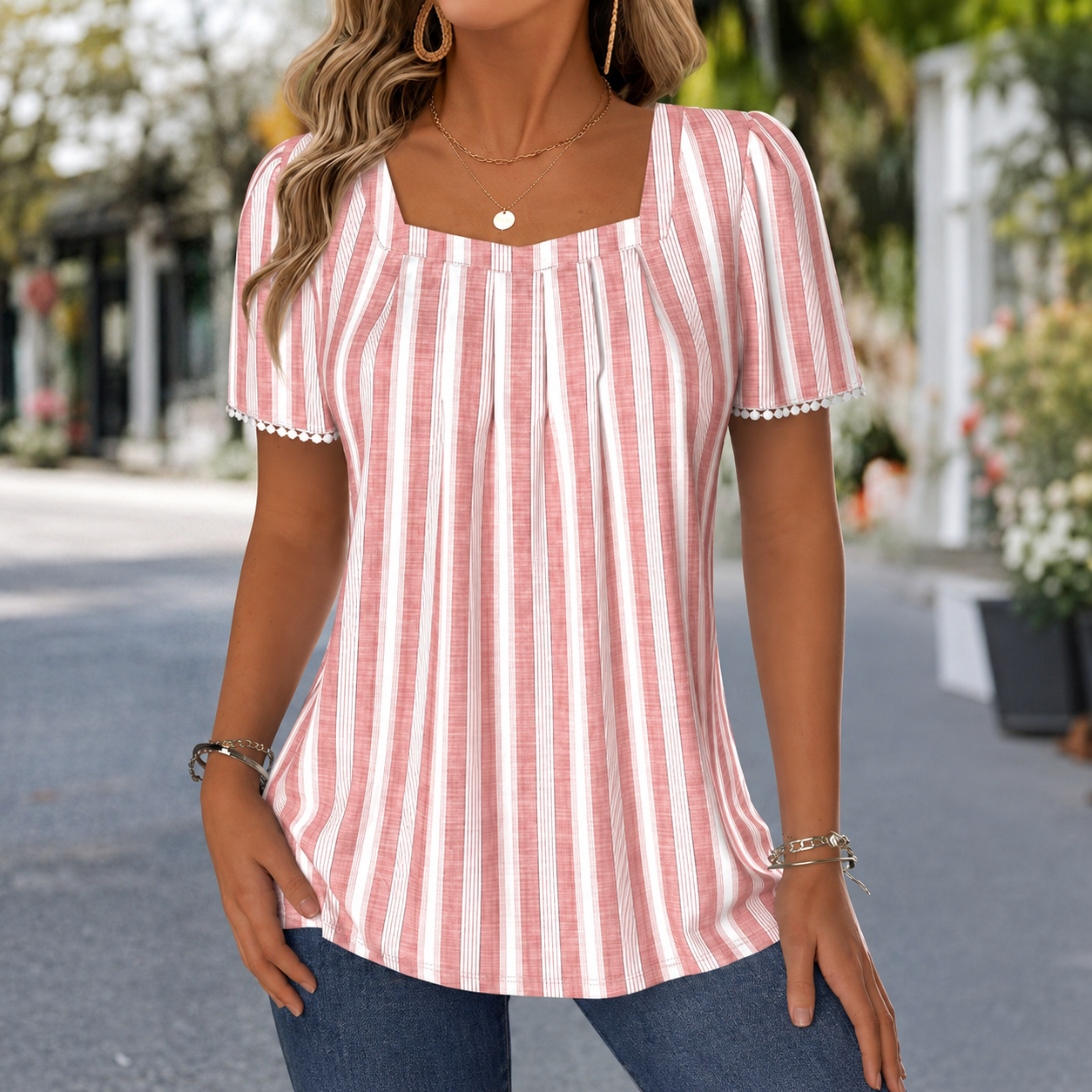 Women’s Fashion Casual Striped Square Neck Short Sleeve Blouse