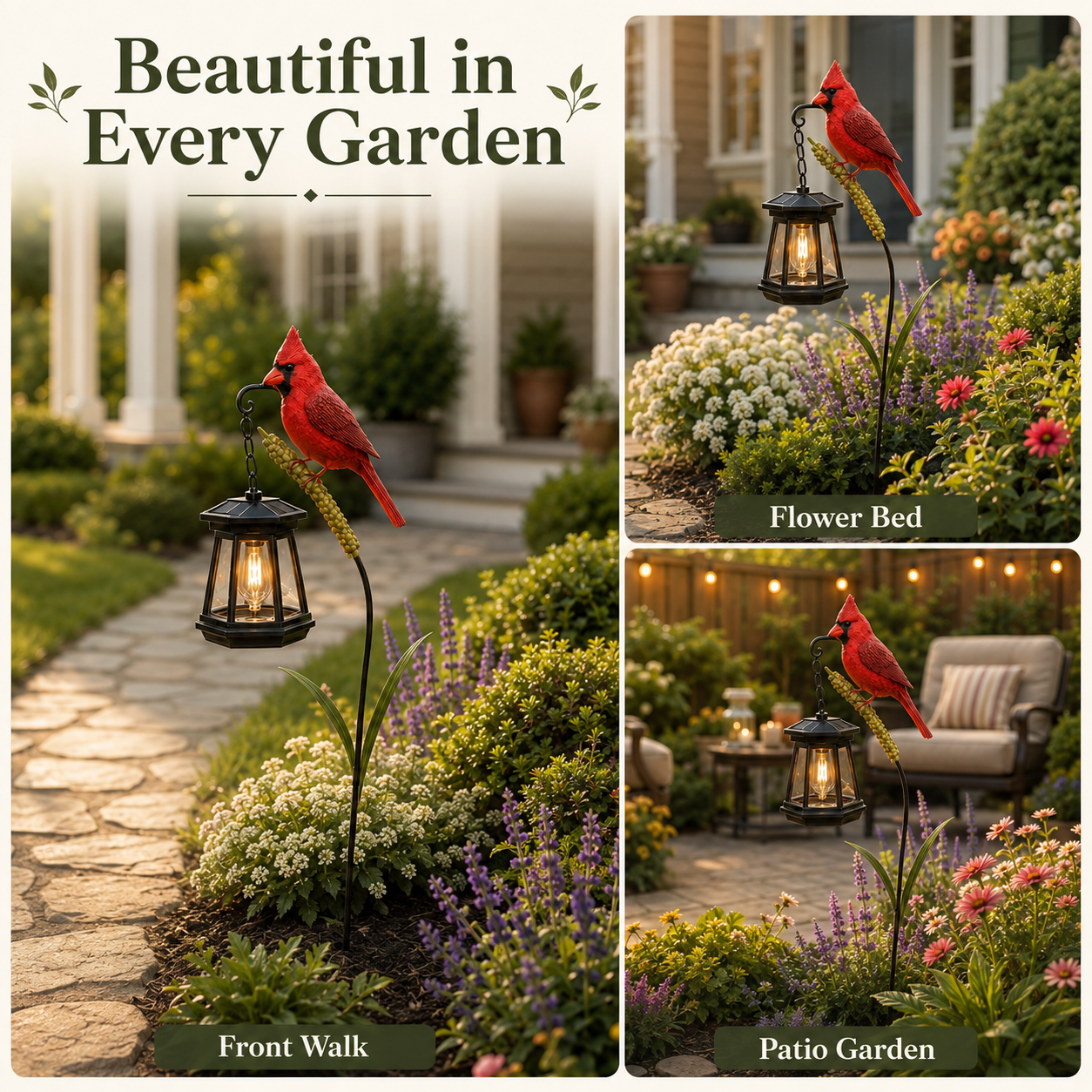 Cardinal garden lantern in multiple outdoor scenes