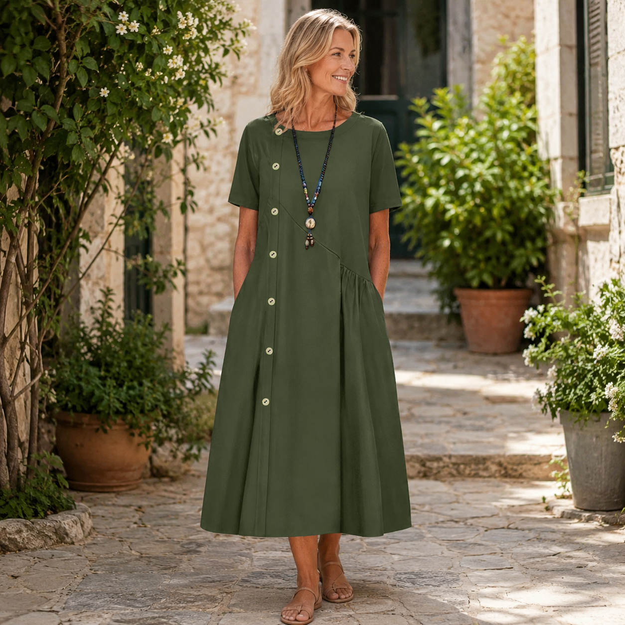 🌿 Luftiges A-Linien-Kleid mit Zierknöpfen, Seitentaschen & asymmetrischer Raffnung – bequem, feminin ✨