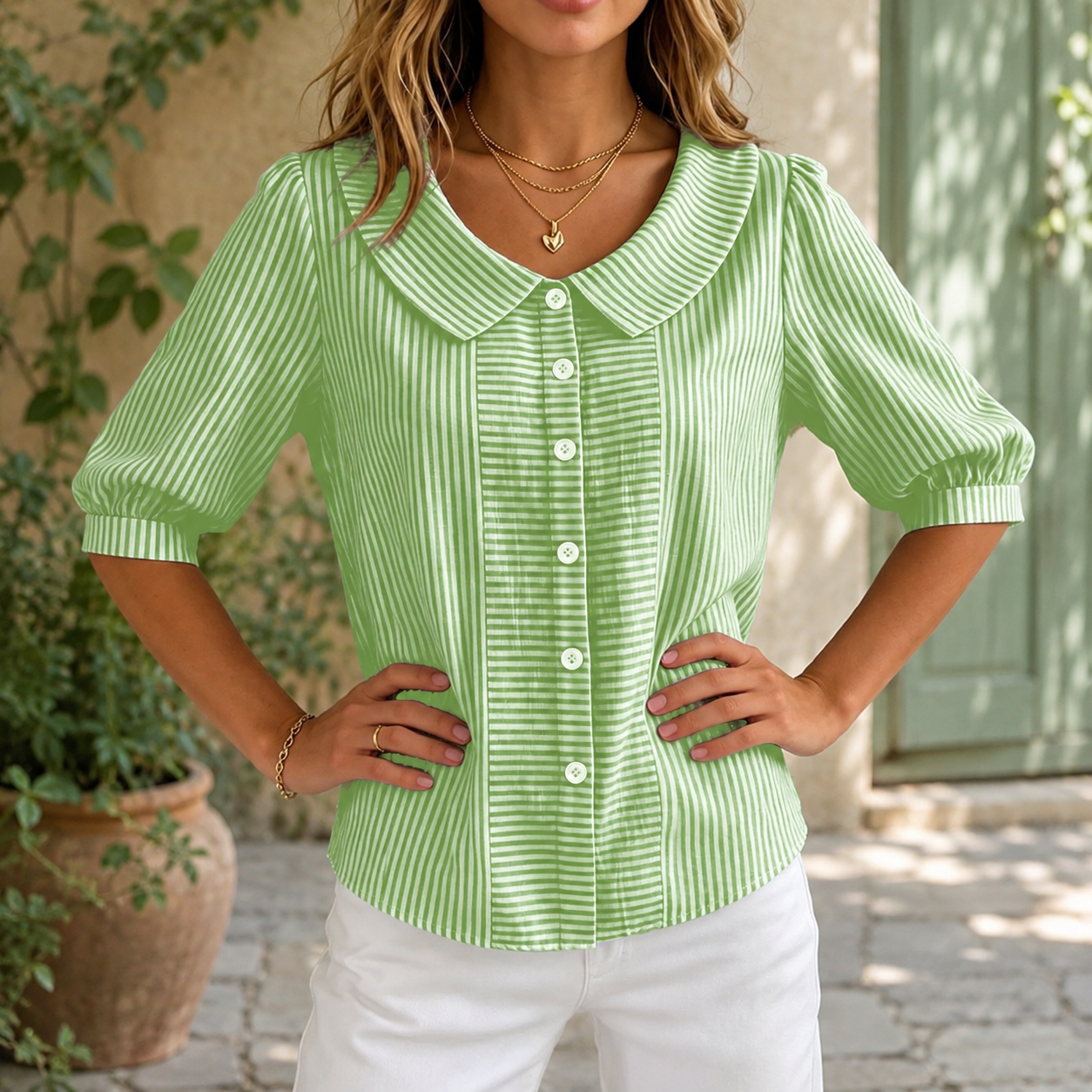 🌸 Streifenliebe mit Charme – Feminine Bluse mit Bubikragen, Puffärmeln und lockerer Passform ✨