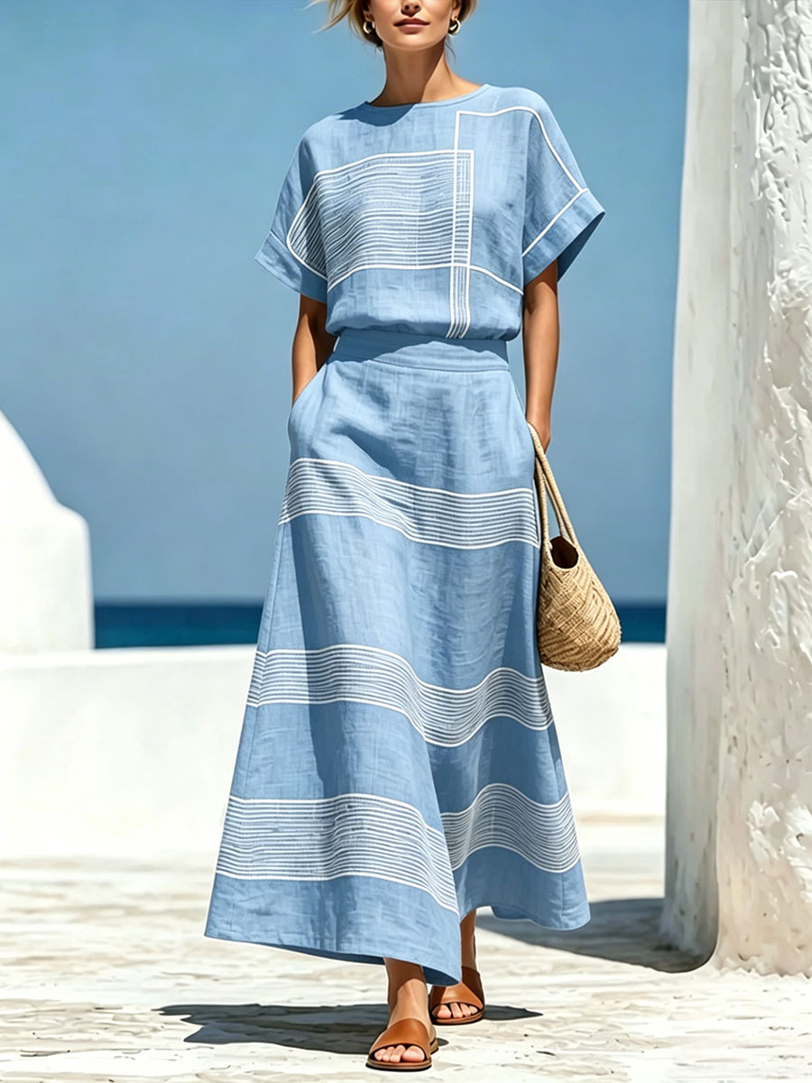 Women's Geometric Print Crew Neck Short-Sleeve Cotton-Linen Top & High-Waisted Loose-Fit A-Line Skirt Set