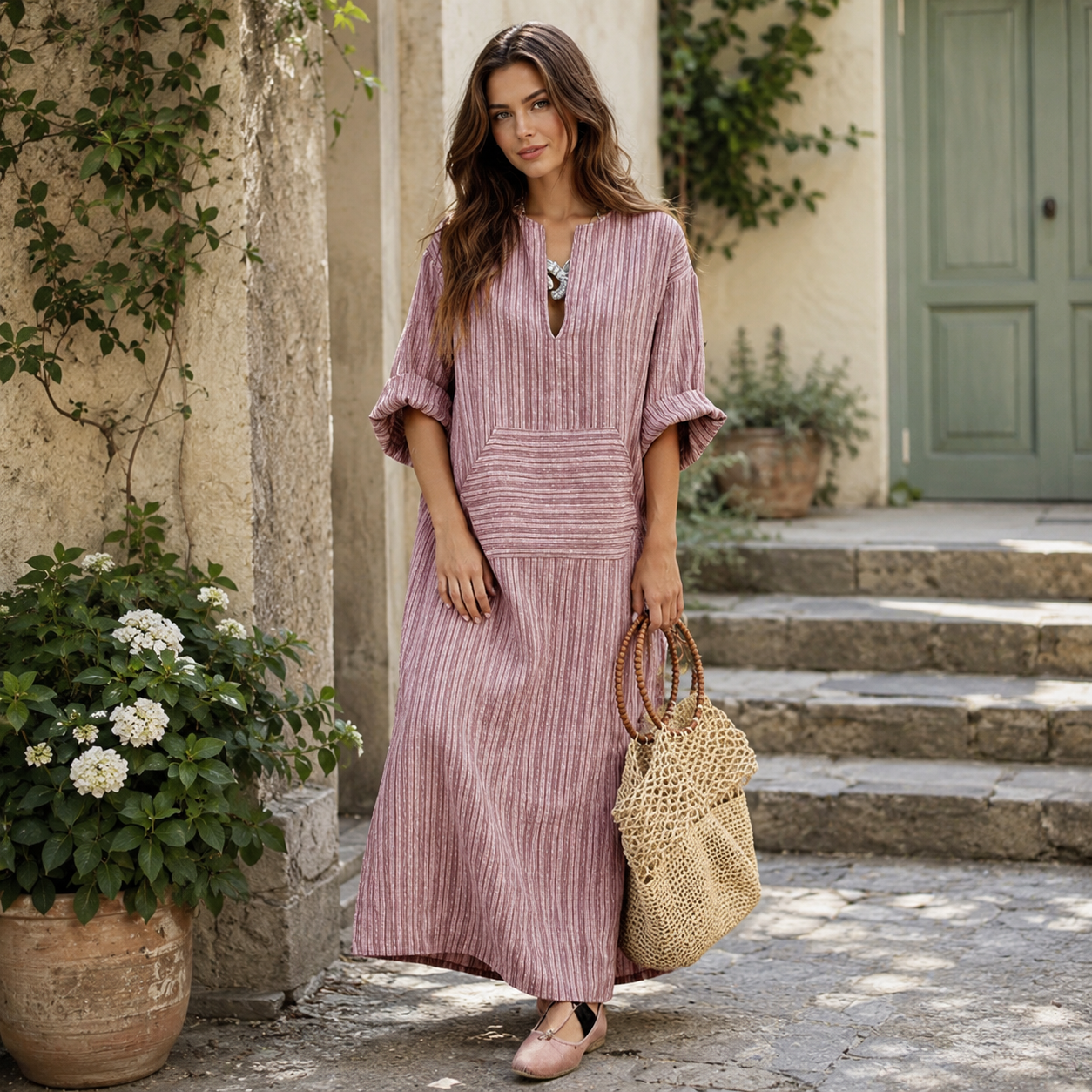 🌿 Luftiges gestreiftes Maxikleid mit lockerem Schnitt, Schlitz-Ausschnitt, Dreiviertelärmeln und praktischer Fronttasche – bequem, feminin  ✨