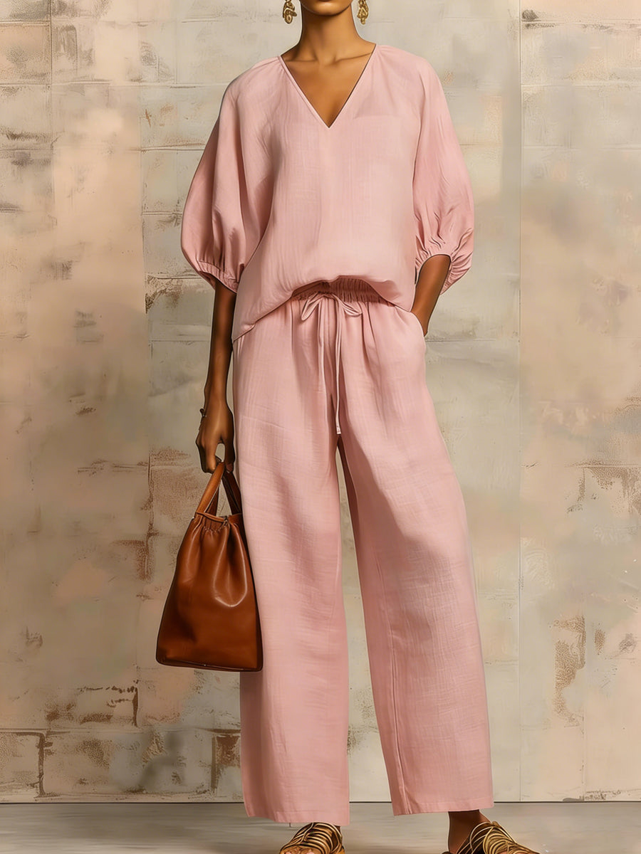 Women's Minimalist Casual Cotton-linen V-neck Set