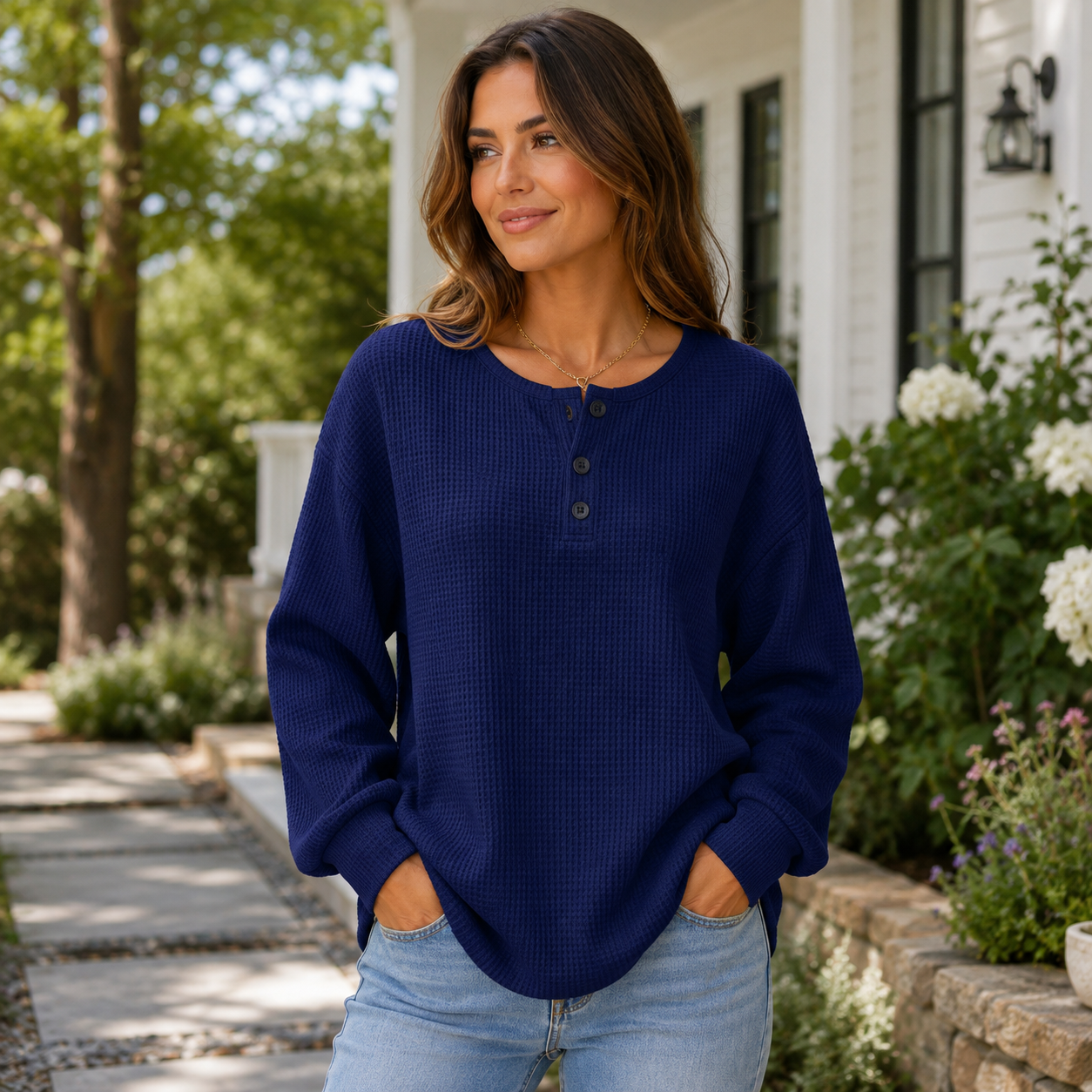 🍂 Cozy & Casual Women’s Waffle Henley Top – Relaxed Fit, S–5XL