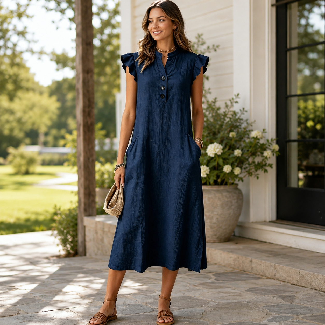 🌿 Women’s Breezy Flutter Sleeve Button-Front Midi Dress with Pockets