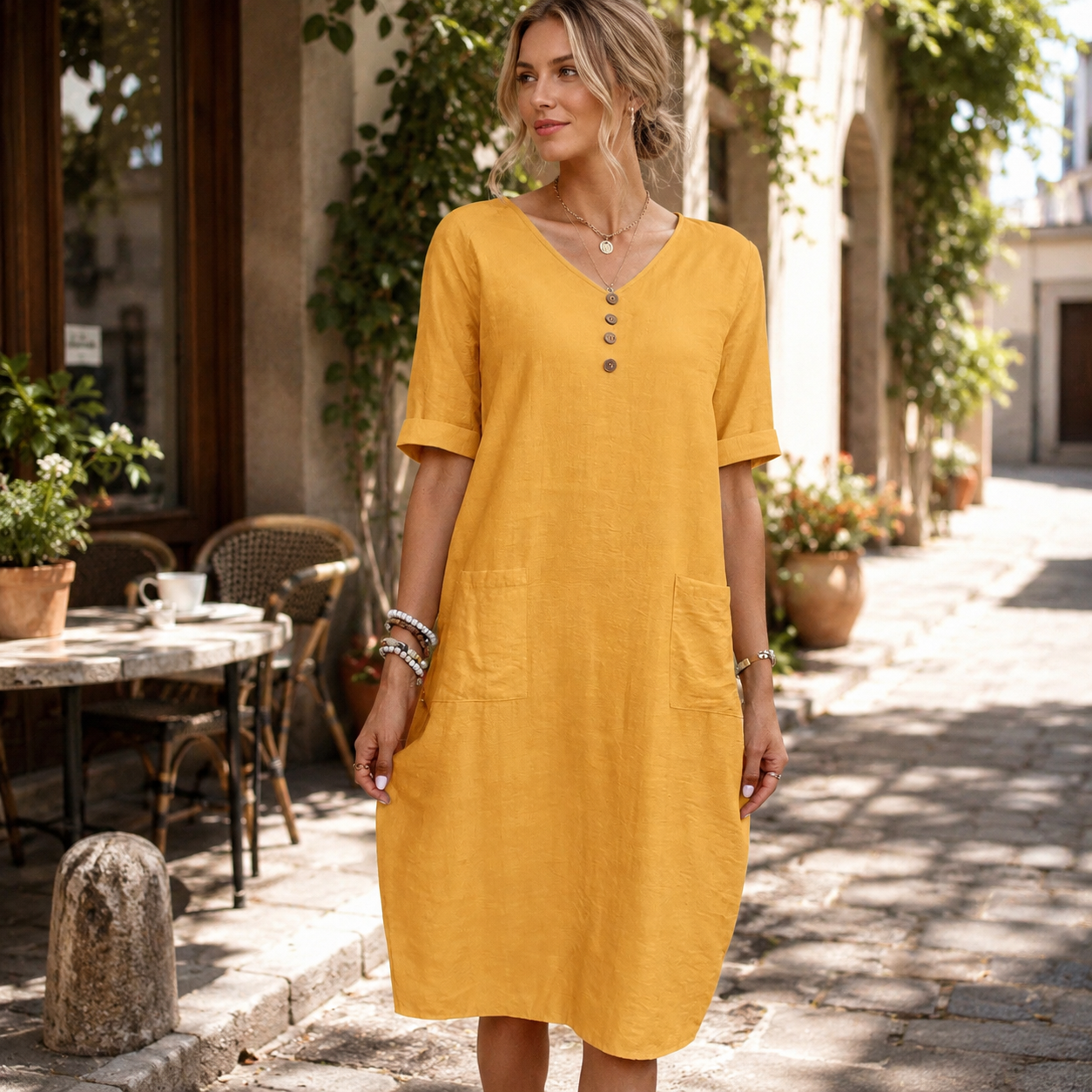 Airy Midi Dress with V-Neck and Pockets - Comfortable, Feminine and Versatile