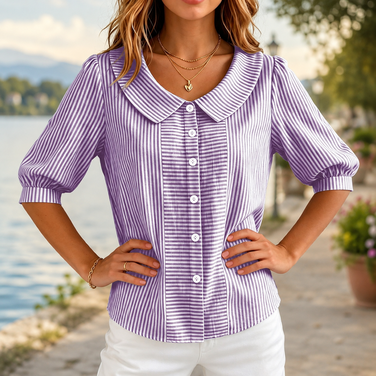 🌸 Streifenliebe mit Charme – Feminine Bluse mit Bubikragen, Puffärmeln und lockerer Passform ✨