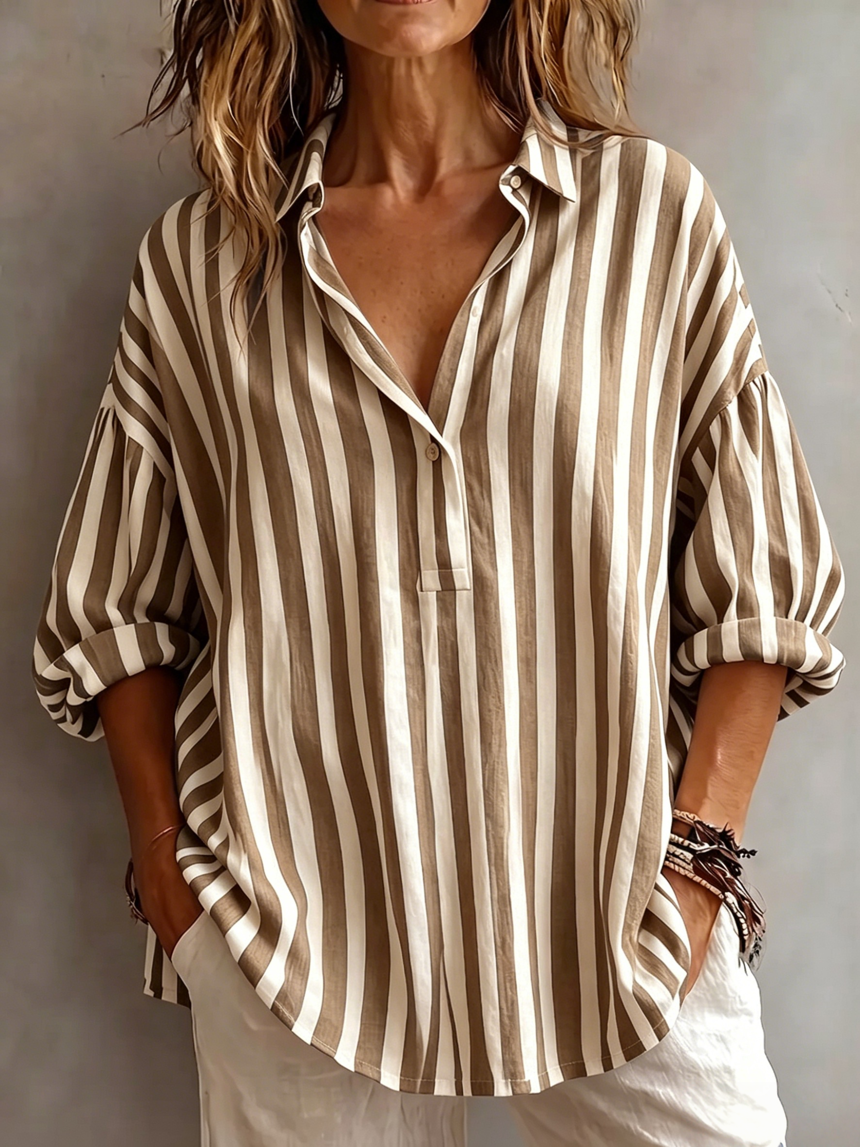 Casual Classic Striped Cotton Linen Blouse