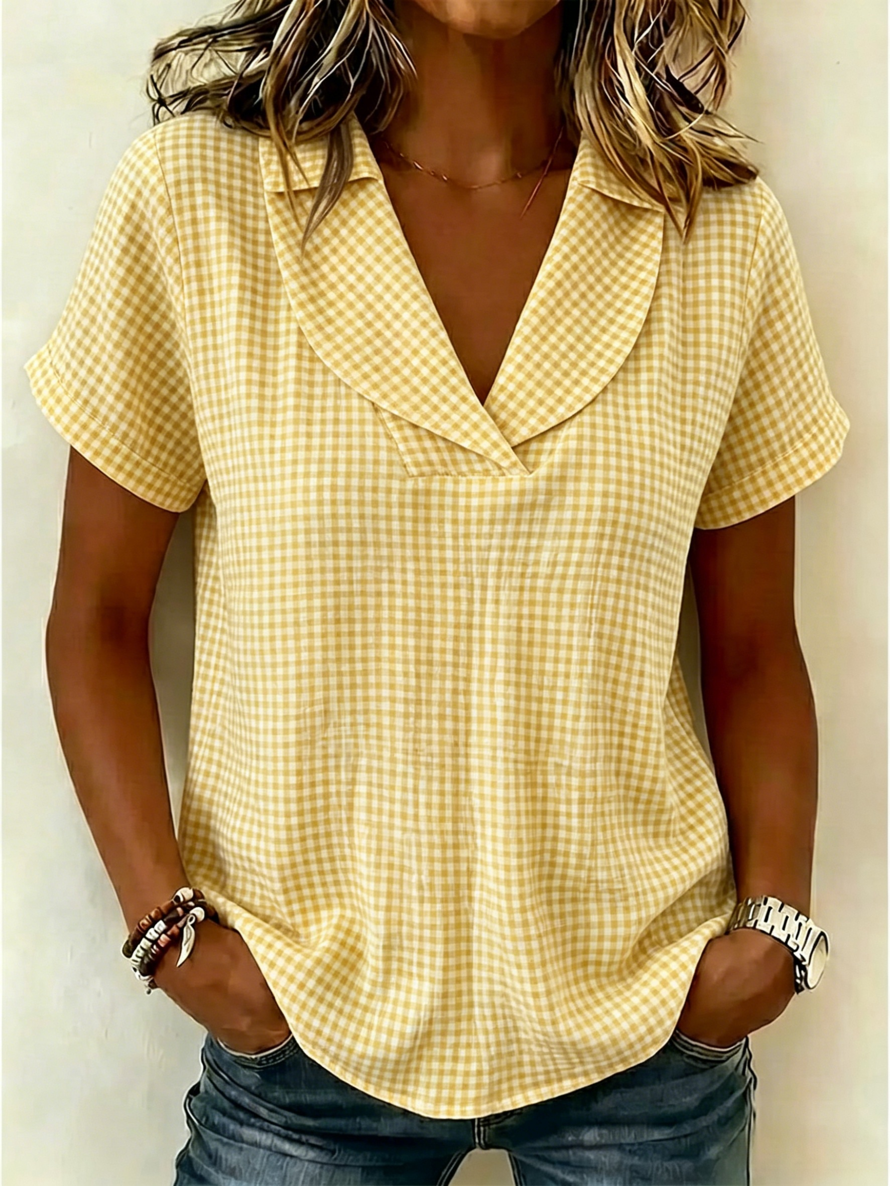 Aujourd’hui : -50 % 🔥 Blouse femme classique à carreaux vichy avec col en V et manches courtes