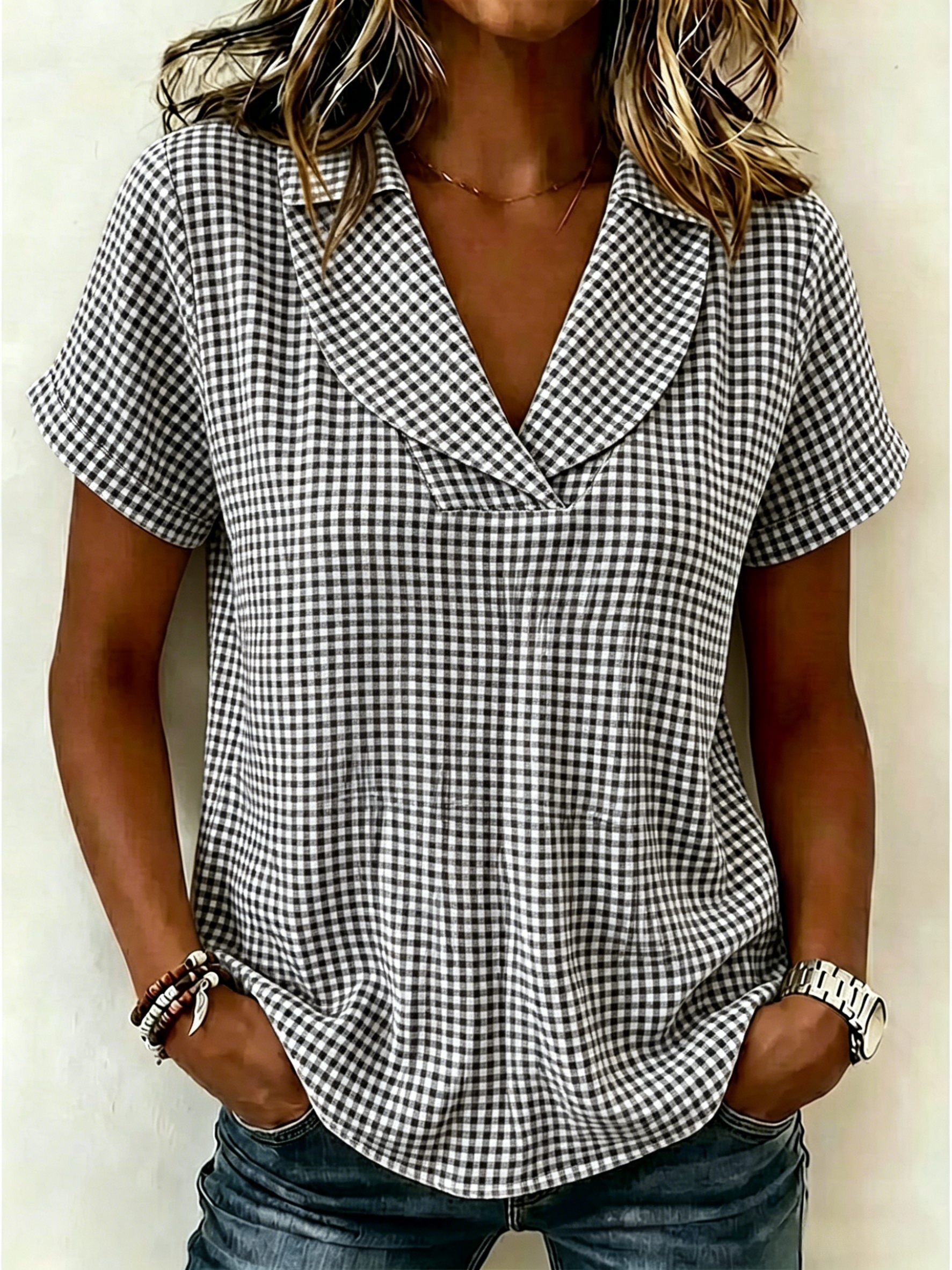 Aujourd’hui : -50 % 🔥 Blouse femme classique à carreaux vichy avec col en V et manches courtes