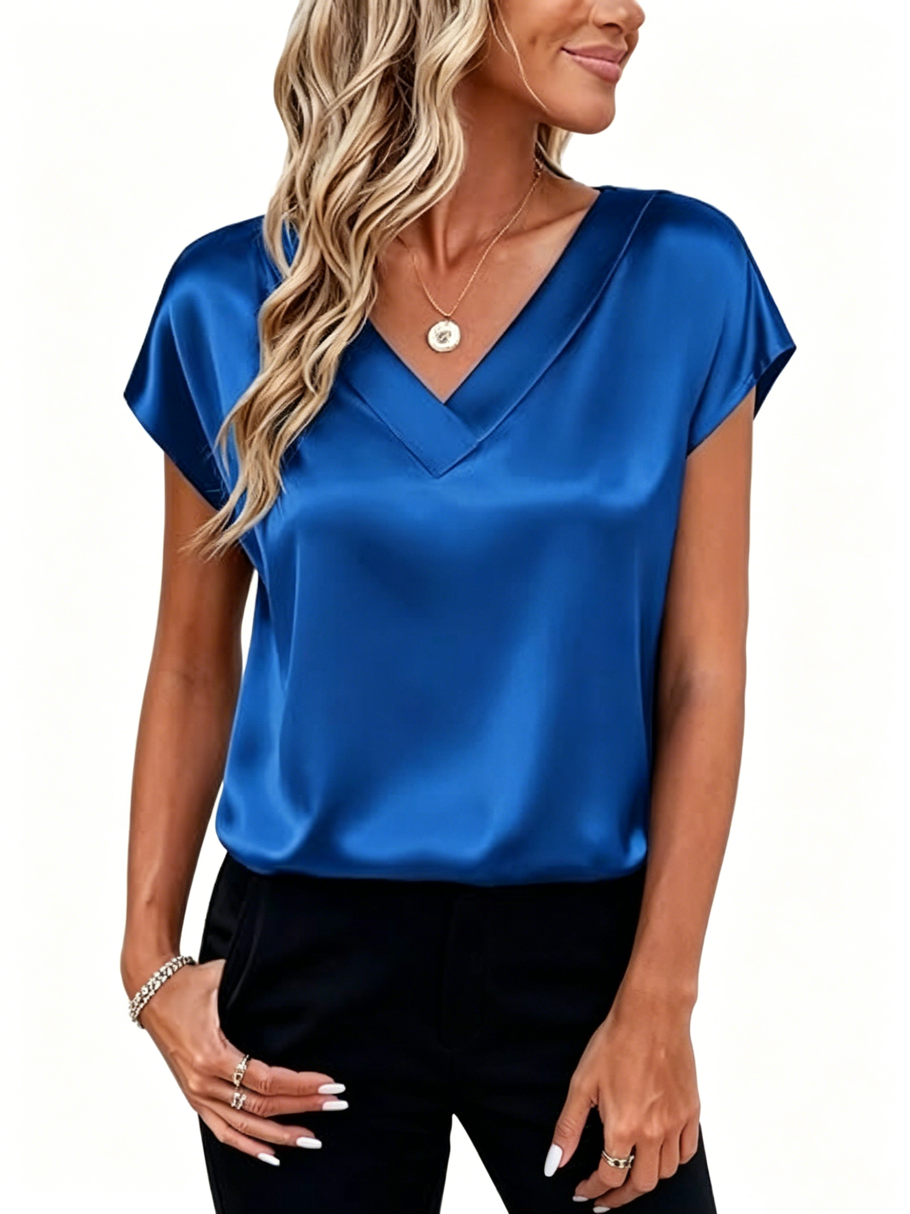 Elegant Satin V‑Neck Short‑Sleeve Blouse – Luxurious Casual‑Chic Top for Women