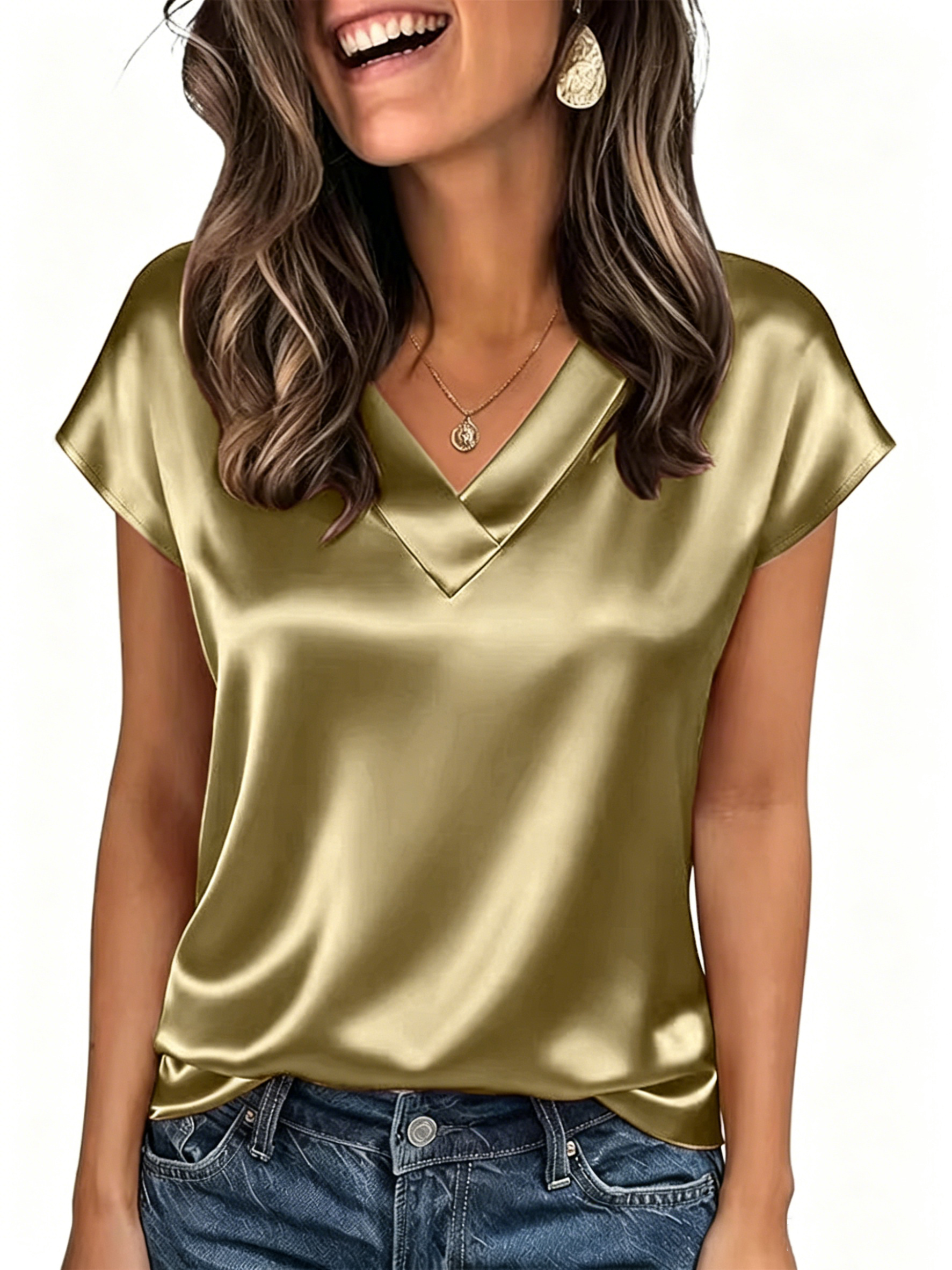 Elegant Satin V‑Neck Short‑Sleeve Blouse – Luxurious Casual‑Chic Top for Women