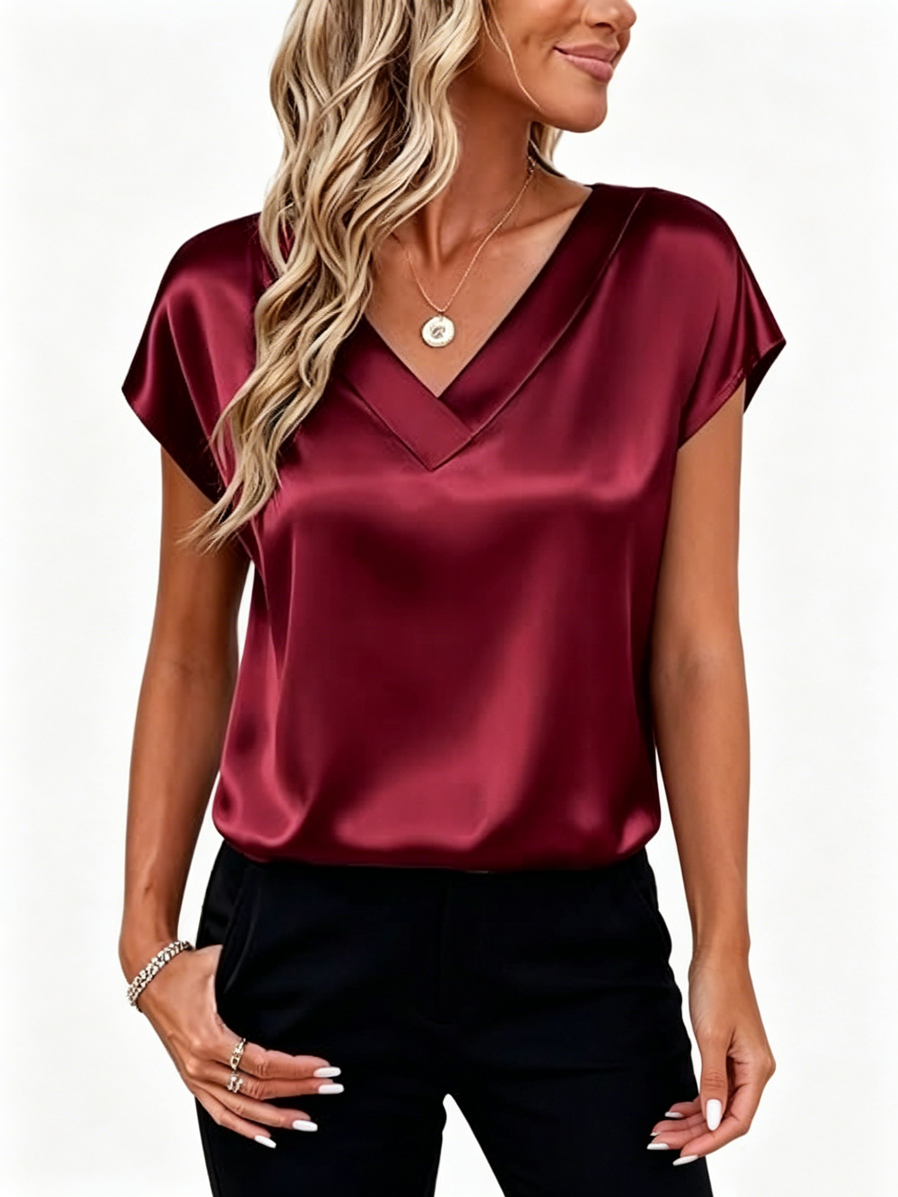 Elegant Satin V‑Neck Short‑Sleeve Blouse – Luxurious Casual‑Chic Top for Women