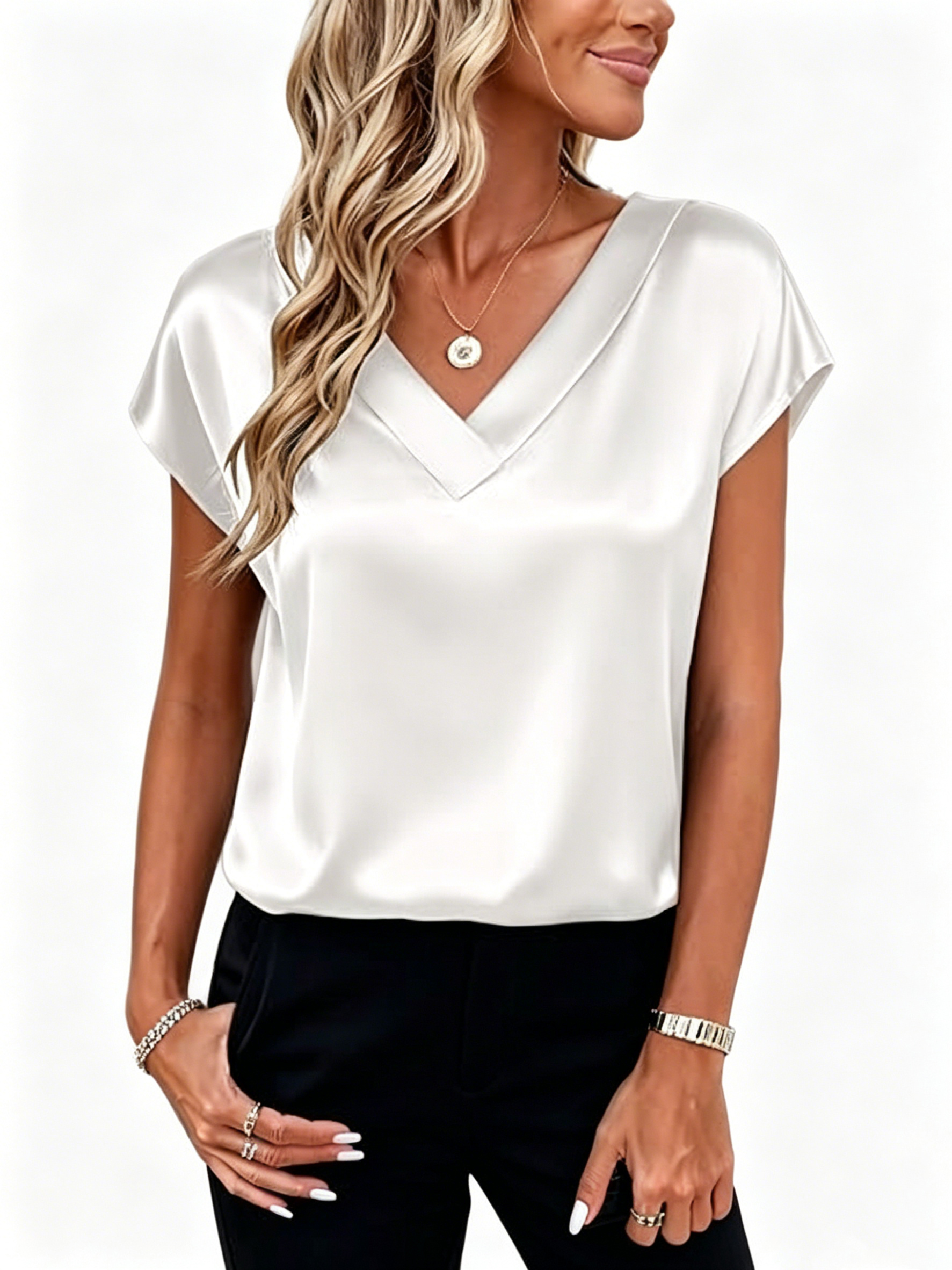 Elegant Satin V‑Neck Short‑Sleeve Blouse – Luxurious Casual‑Chic Top for Women