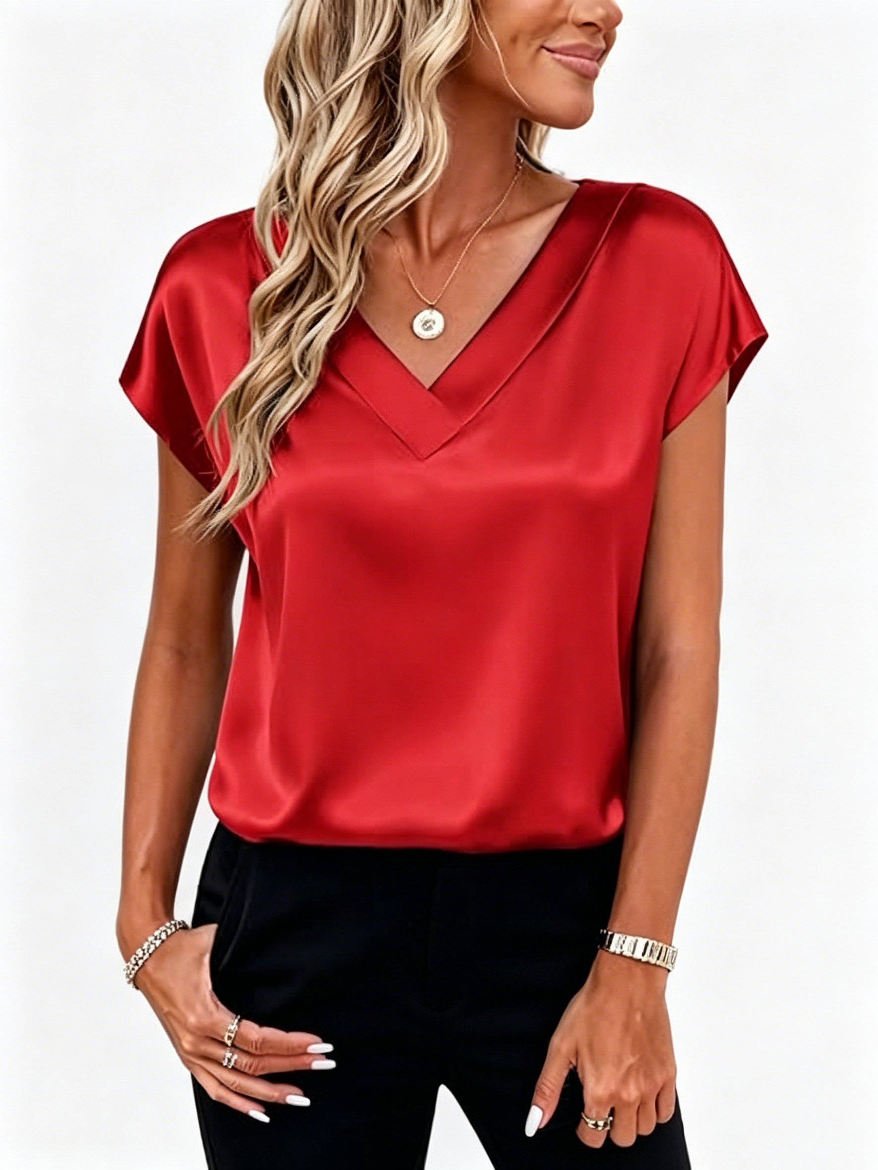 Elegant Satin V‑Neck Short‑Sleeve Blouse – Luxurious Casual‑Chic Top for Women