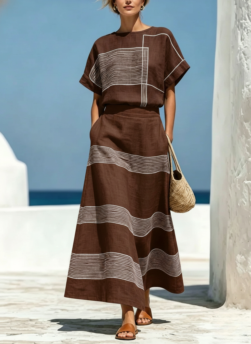 Women's Geometric Print Crew Neck Short-Sleeve Cotton-Linen Top & High-Waisted Loose-Fit A-Line Skirt Set