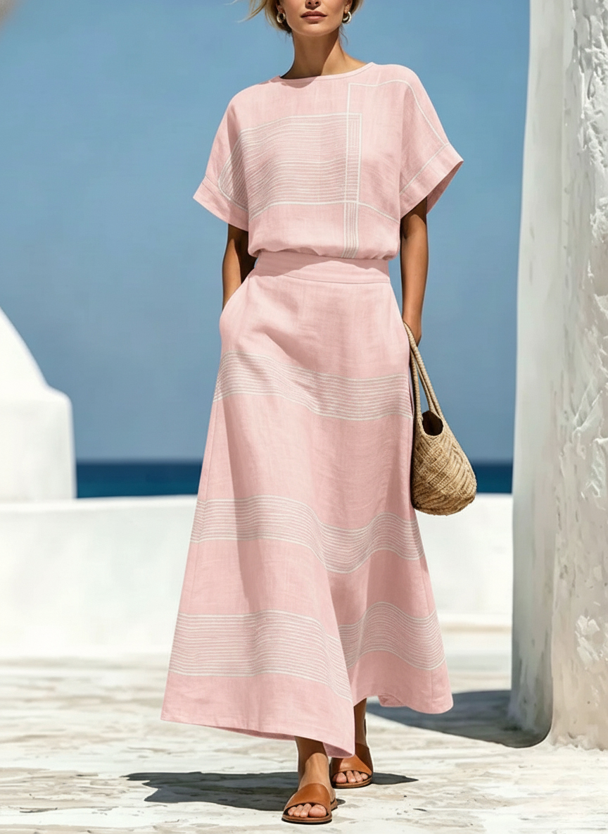 Women's Geometric Print Crew Neck Short-Sleeve Cotton-Linen Top & High-Waisted Loose-Fit A-Line Skirt Set