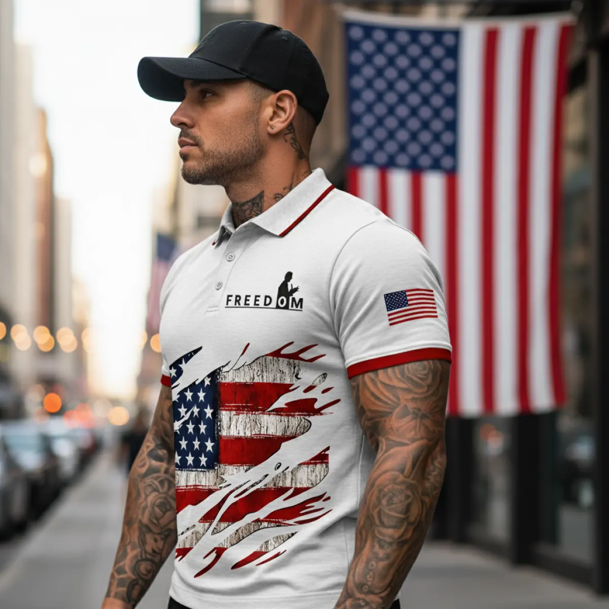 Polyester Cotton Blend American Flag Design Freedom Print Men's Polo Shirt
