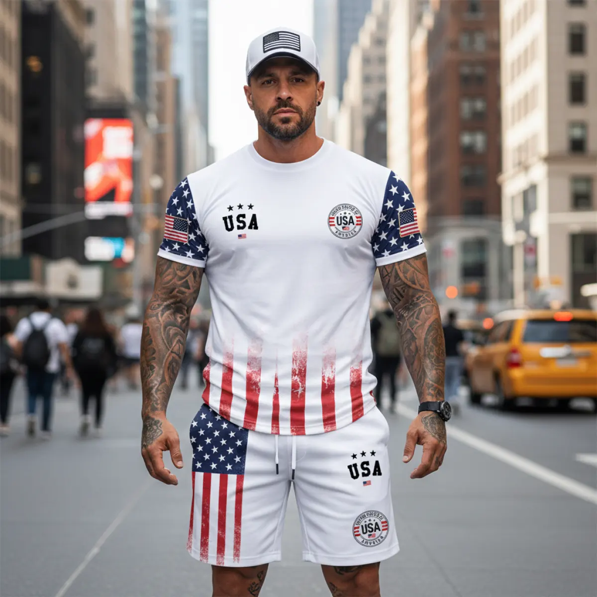 Cotton USA Flag Print Short Sleeve T-Shirt For Men - Patriotic American Design With Stars And Stripes Pattern