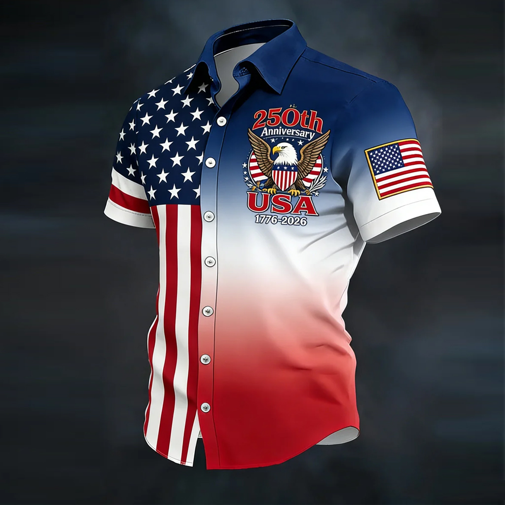 Polyester 250th USA Anniversary Short Sleeve Shirt With American Flag Print And Eagle Design